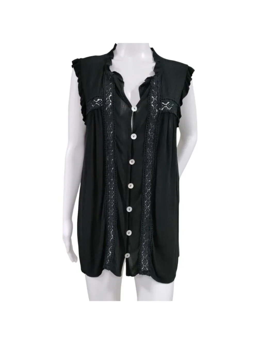 Made in Italy Whimsy Boho Black Lace MTrim Ruffle Button Up Sleeve Blouse - Picture 2 of 10